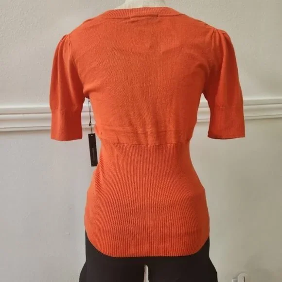 BCBGMaxAzri Orange Knit Short Sleeve Top Scoop Neck Cotton Stretch Women Medium - Picture 8 of 11